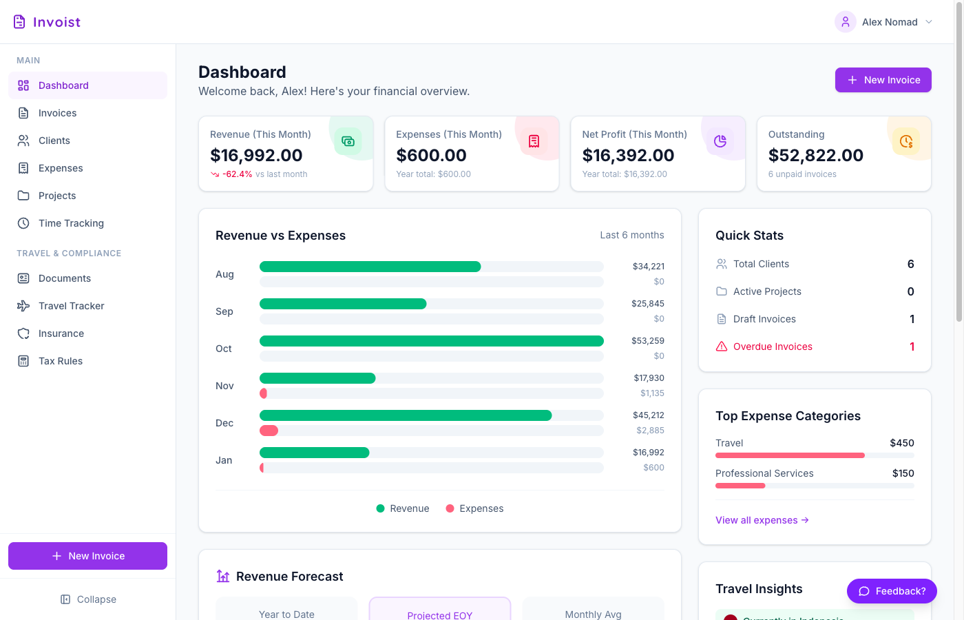 Invoist Dashboard - Revenue tracking, expense management, and business insights