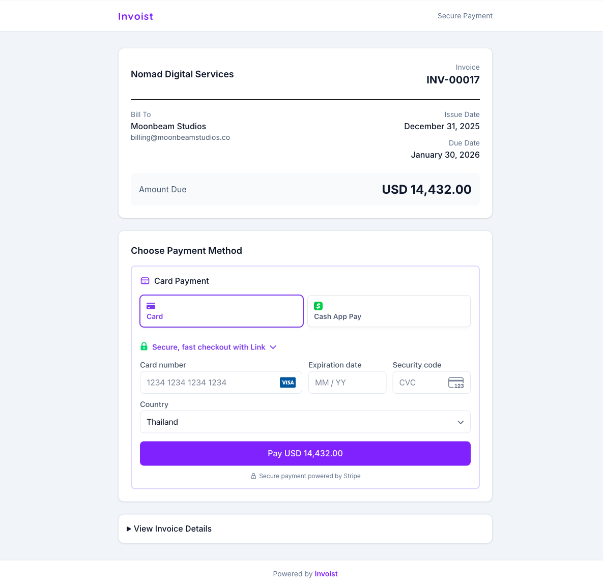 Invoist Payments - Secure credit card payments via Stripe