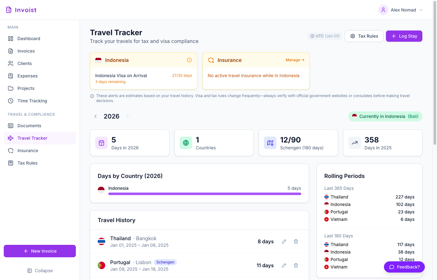 Invoist Travel Tracker - Visa compliance and travel tracking for digital nomads